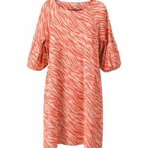 Chicos Shift Dress Womens 1 Medium Orange Beige Zebra Puff Sleeve Animal Print